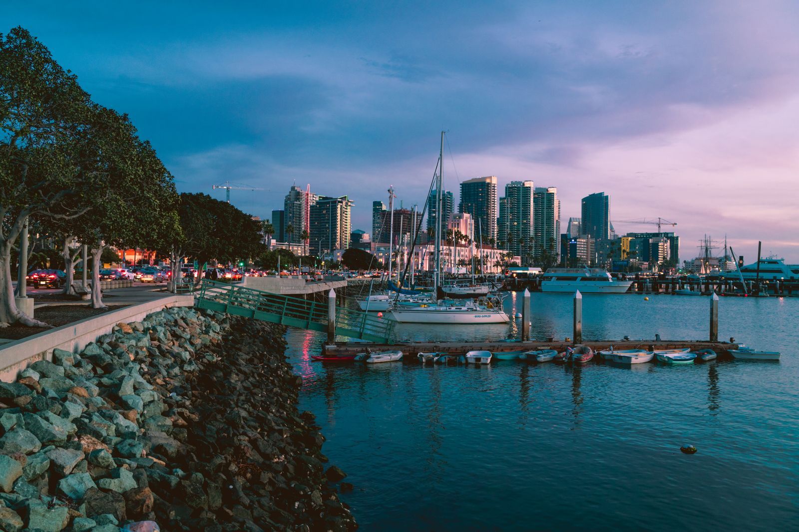 San Diego marina and downtown skyline at golden hour