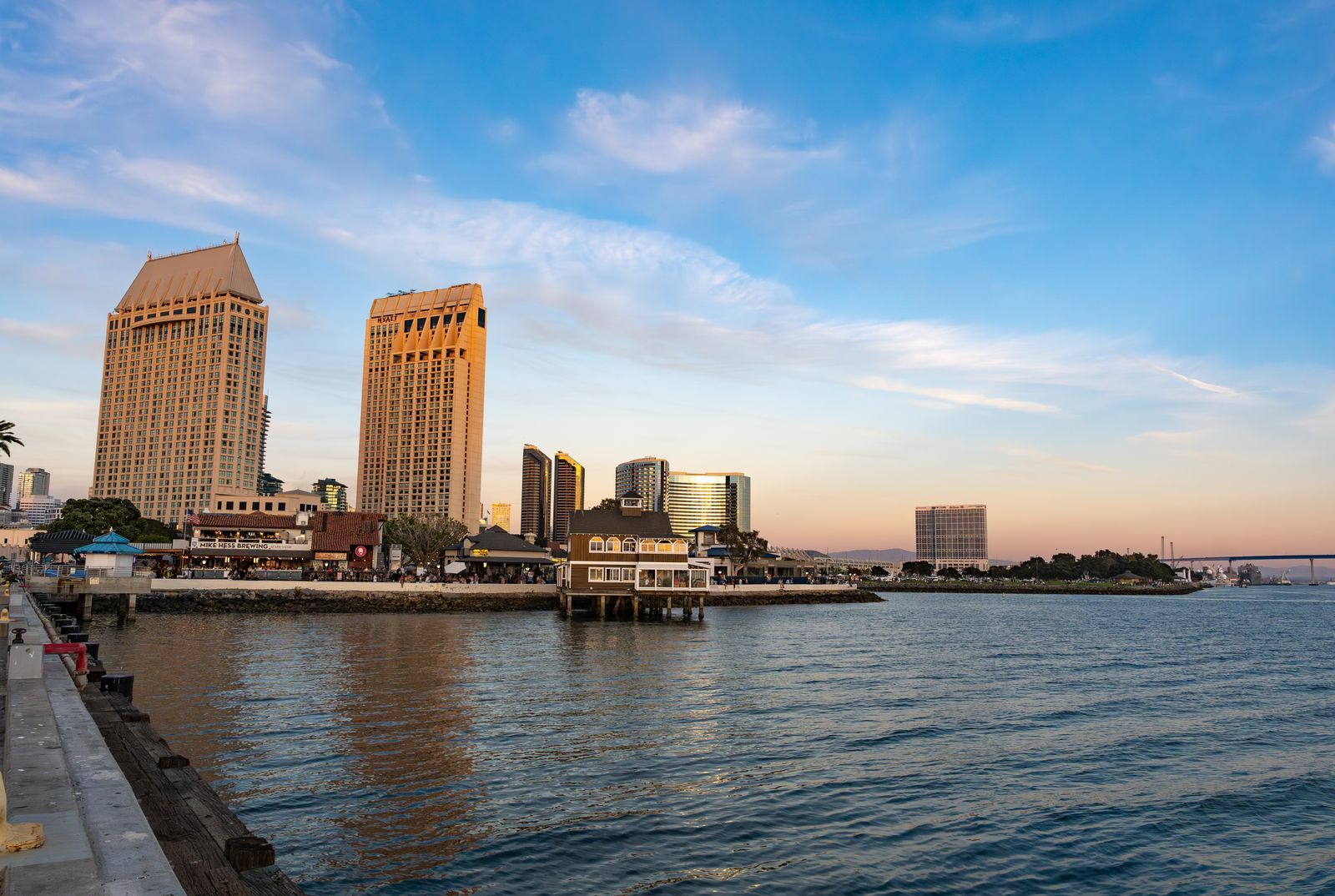 The San Diego waterfront skyline at sunset